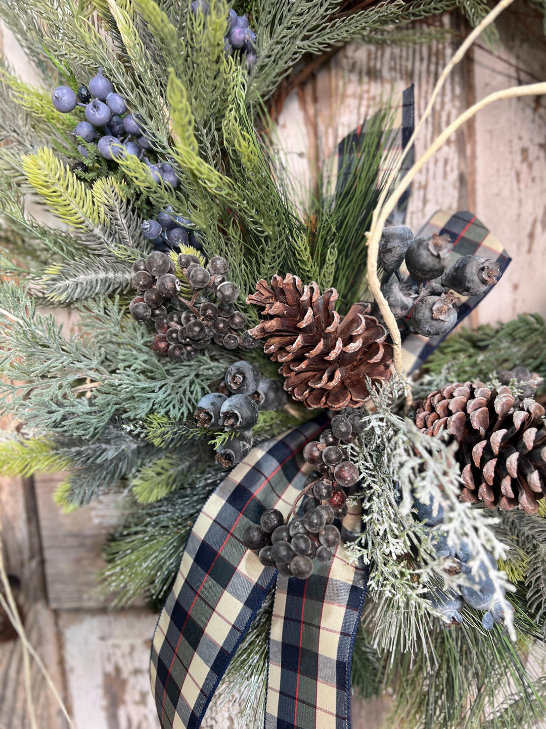 Winter Pine and Pine Cone Grapevine Wreath - Winter Blueberries and plaid ribbon