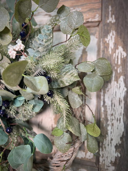 Winter Greens White Washed Metal Twig Wreath - Frosted Eucalyptus with Plaid bow