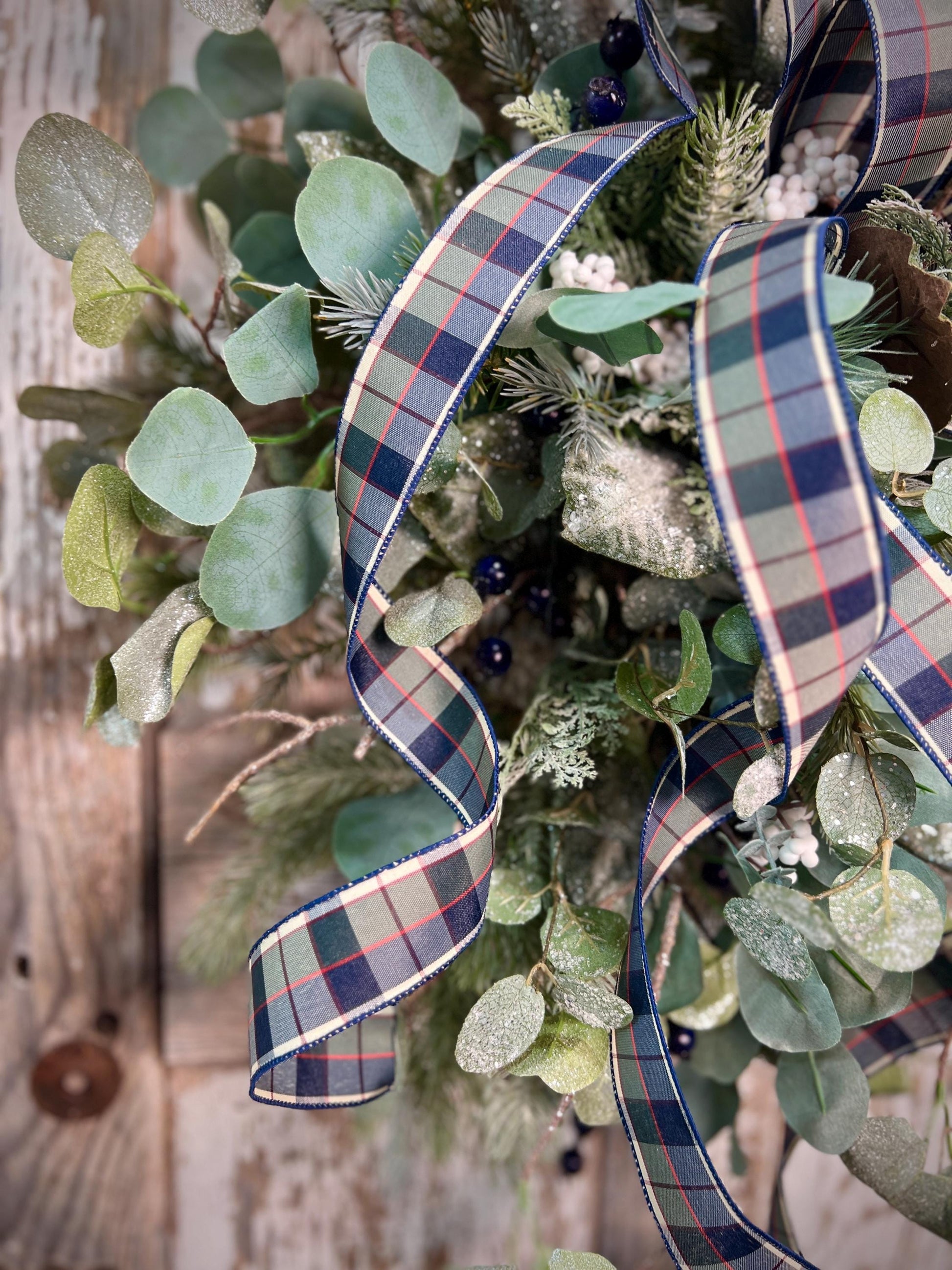 Winter Greens White Washed Metal Twig Wreath - Frosted Eucalyptus with Plaid bow