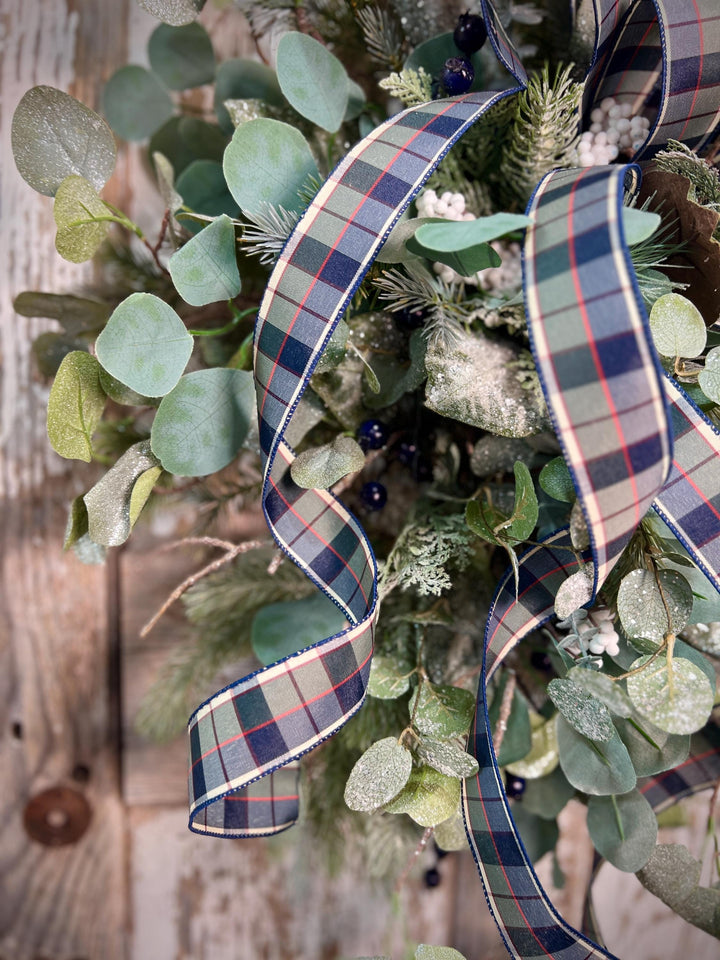 Winter Greens White Washed Metal Twig Wreath - Frosted Eucalyptus with Plaid bow