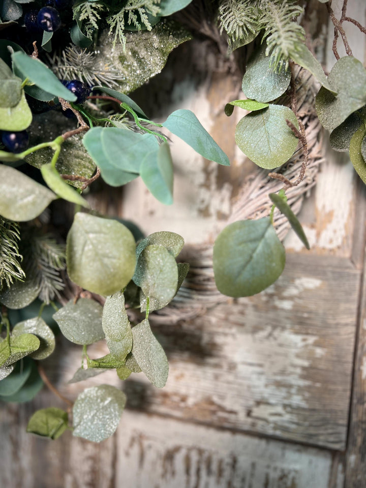 Winter Greens White Washed Metal Twig Wreath - Frosted Eucalyptus with Plaid bow