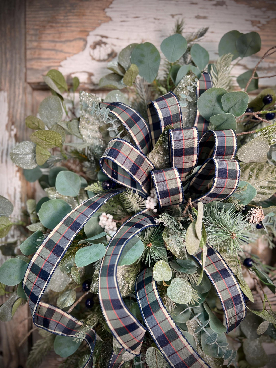 Winter Greens White Washed Metal Twig Wreath - Frosted Eucalyptus with Plaid bow