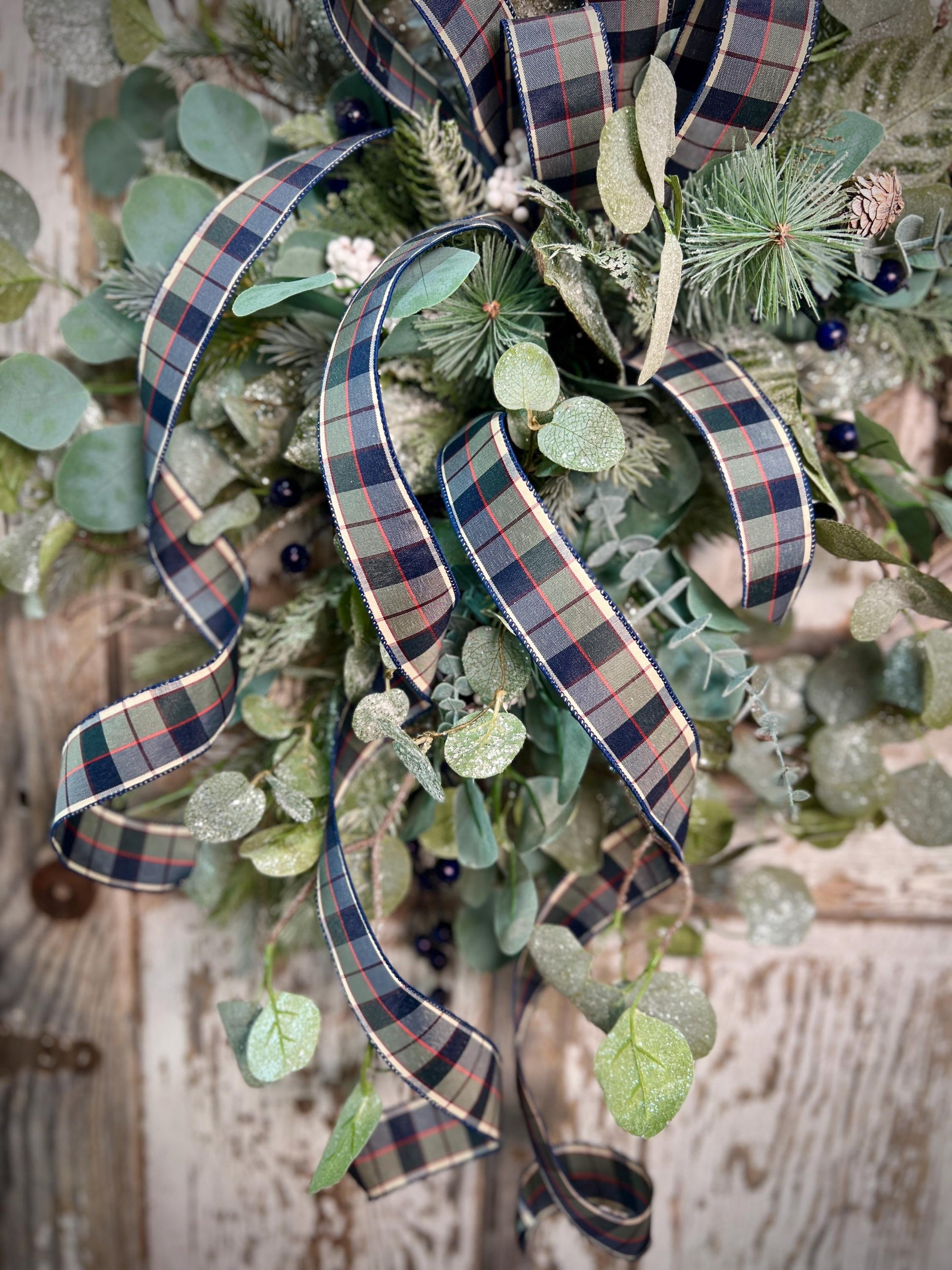 Winter Greens White Washed Metal Twig Wreath - Frosted Eucalyptus with Plaid bow
