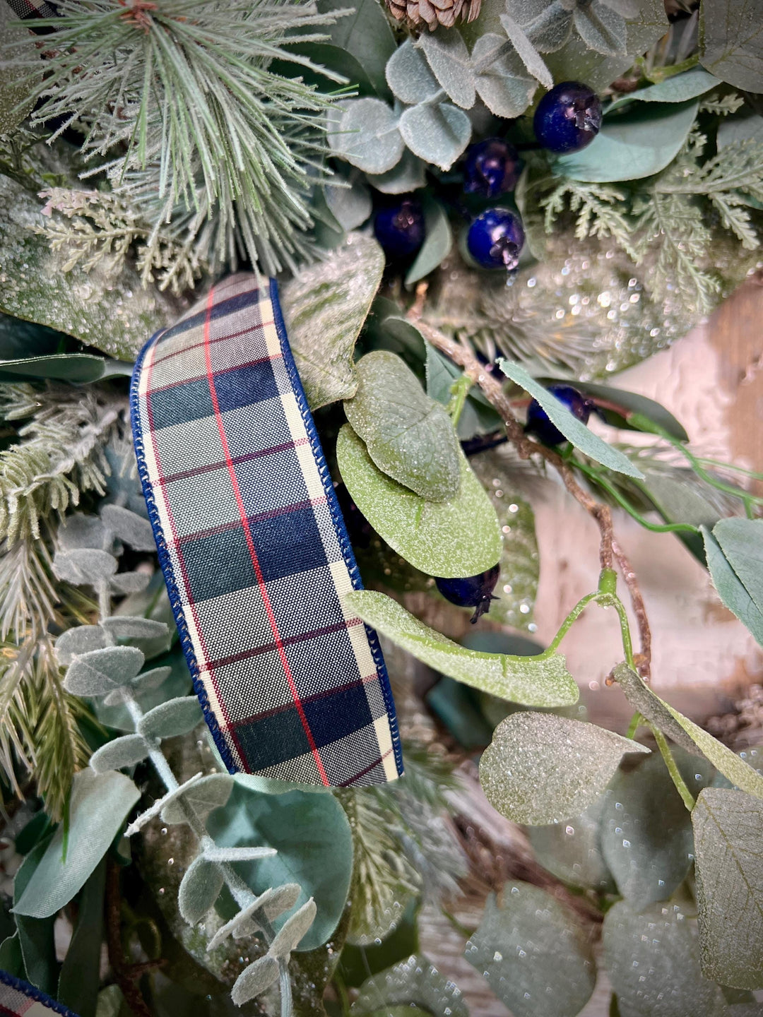 Winter Greens White Washed Metal Twig Wreath - Frosted Eucalyptus with Plaid bow