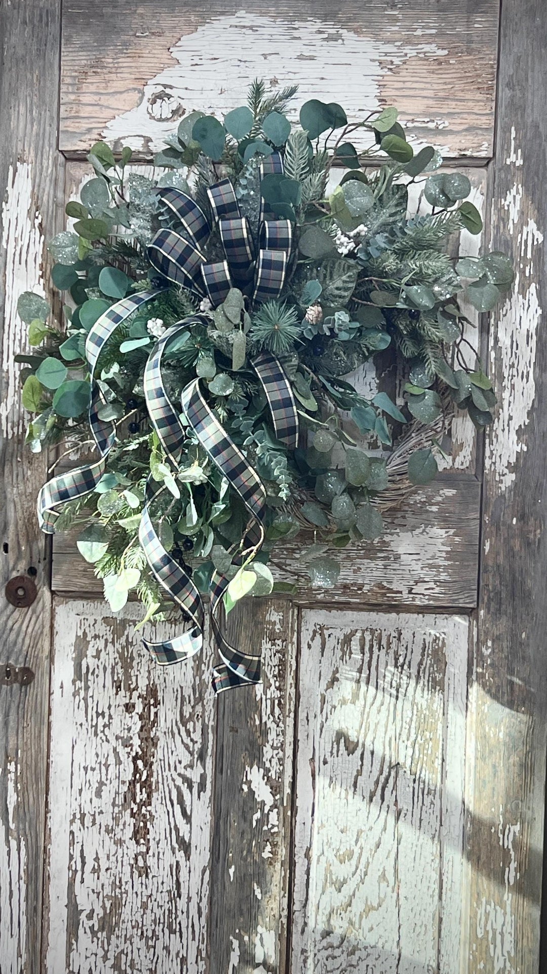 Winter Greens White Washed Metal Twig Wreath - Frosted Eucalyptus with Plaid bow