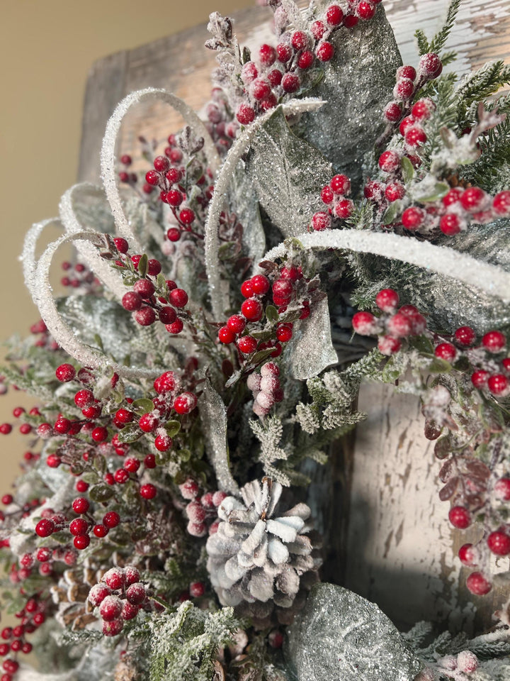 Winter Snowy Pine and Red Berry Snowy Willow Wreath - Pine Cones and Snowy White Streamers