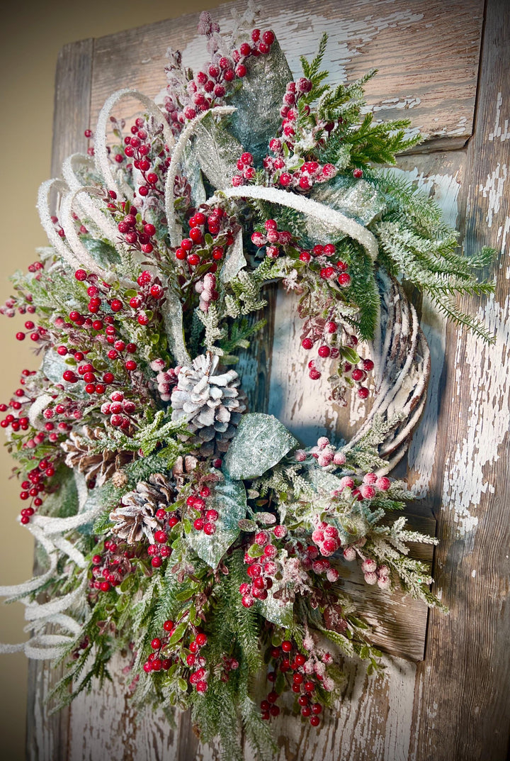 Winter Snowy Pine and Red Berry Snowy Willow Wreath - Pine Cones and Snowy White Streamers