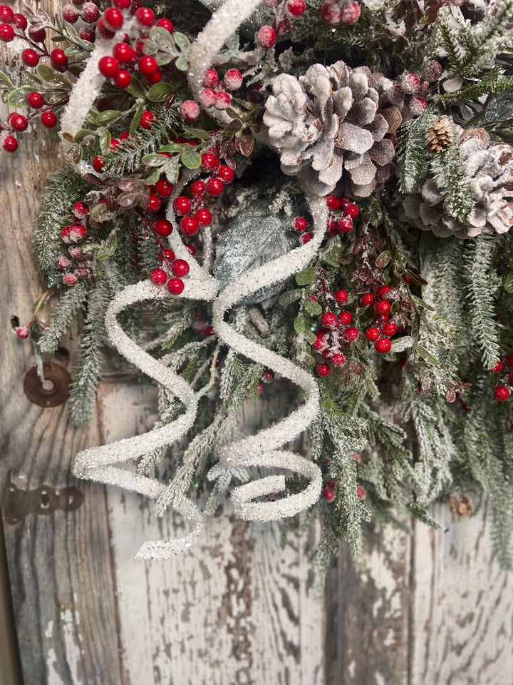 Winter Snowy Pine and Red Berry Snowy Willow Wreath - Pine Cones and Snowy White Streamers