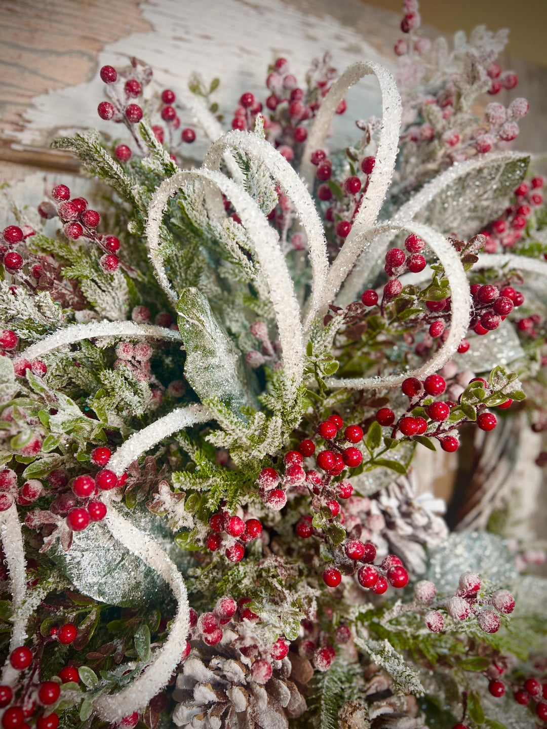 Winter Snowy Pine and Red Berry Snowy Willow Wreath - Pine Cones and Snowy White Streamers