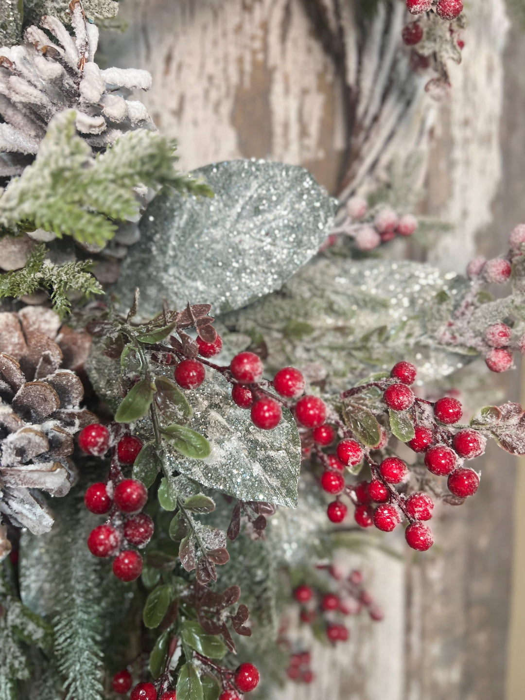 Winter Snowy Pine and Red Berry Snowy Willow Wreath - Pine Cones and Snowy White Streamers