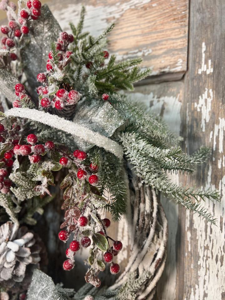 Winter Snowy Pine and Red Berry Snowy Willow Wreath - Pine Cones and Snowy White Streamers