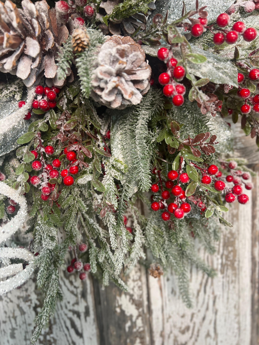 Winter Snowy Pine and Red Berry Snowy Willow Wreath - Pine Cones and Snowy White Streamers