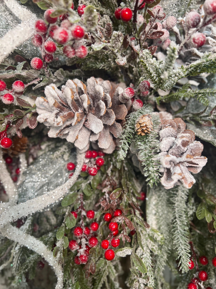 Winter Snowy Pine and Red Berry Snowy Willow Wreath - Pine Cones and Snowy White Streamers