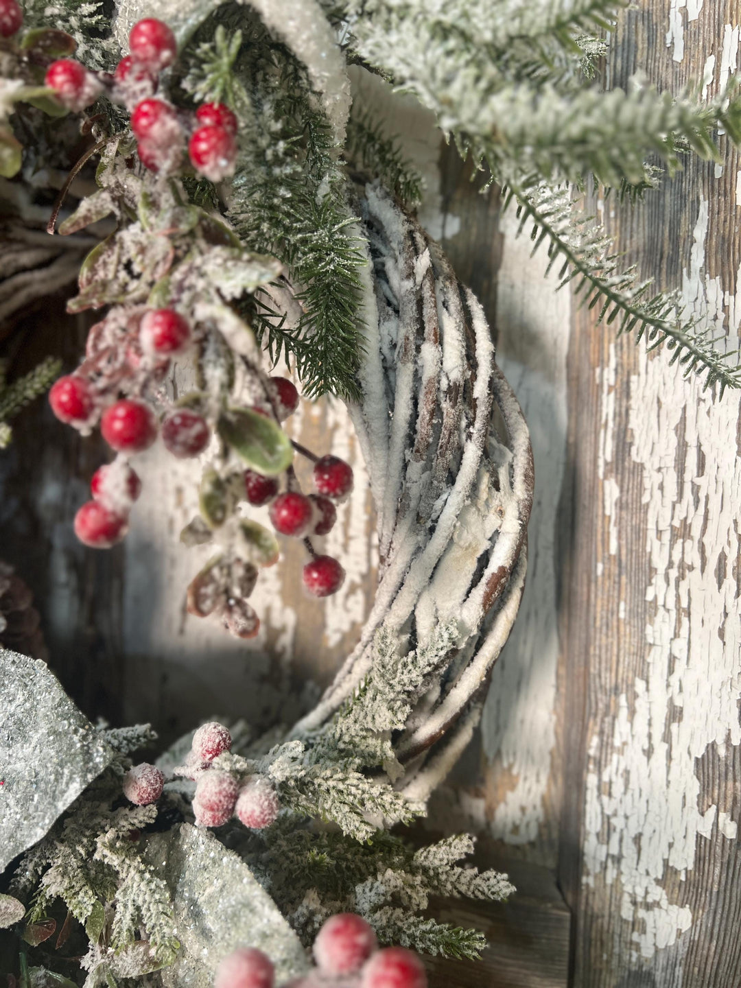 Winter Snowy Pine and Red Berry Snowy Willow Wreath - Pine Cones and Snowy White Streamers