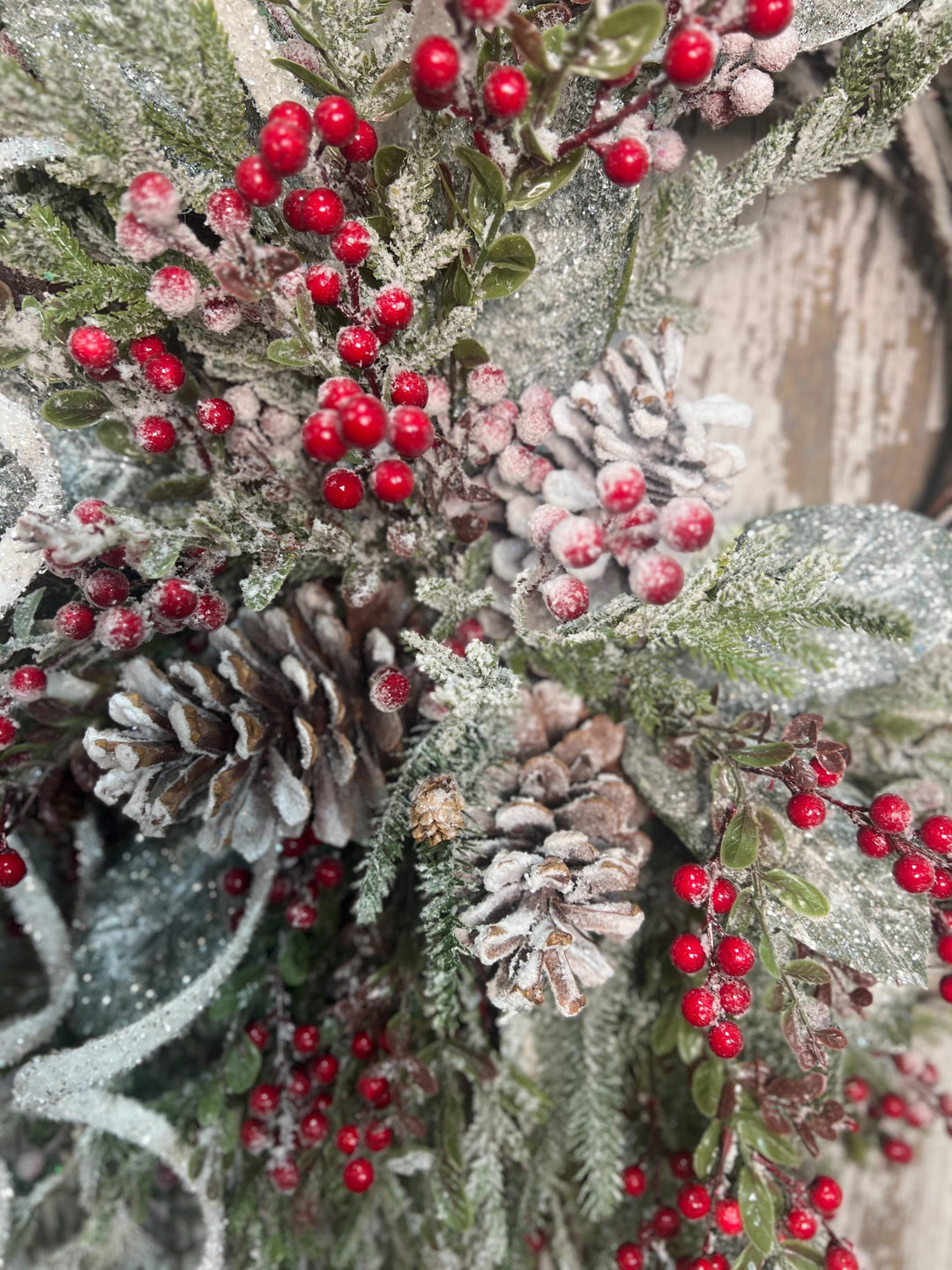 Winter Snowy Pine and Red Berry Snowy Willow Wreath - Pine Cones and Snowy White Streamers