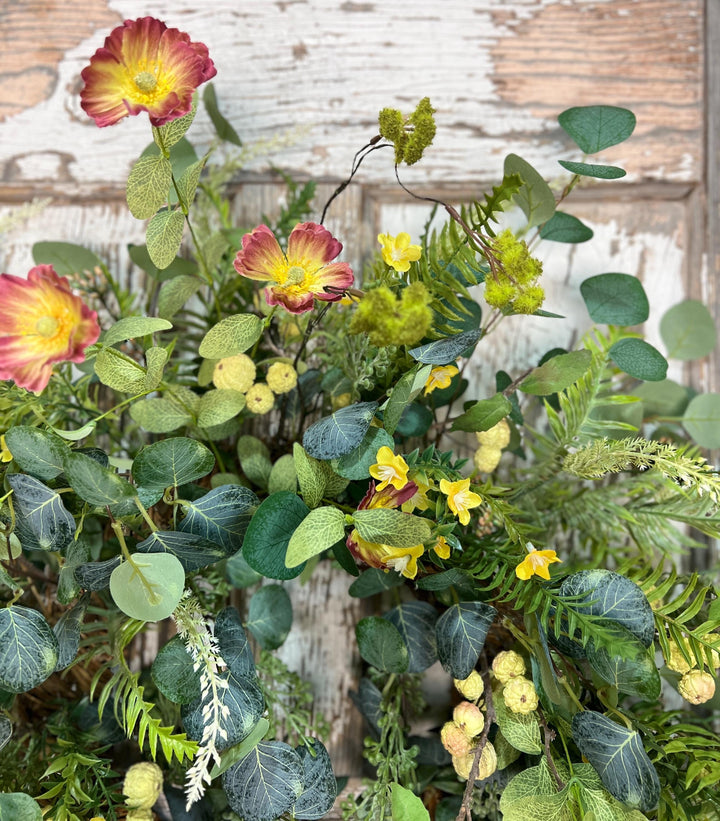 Spring Poppy, Fern, Berry and Eucalyptus Wreath - Twig Metal Base
