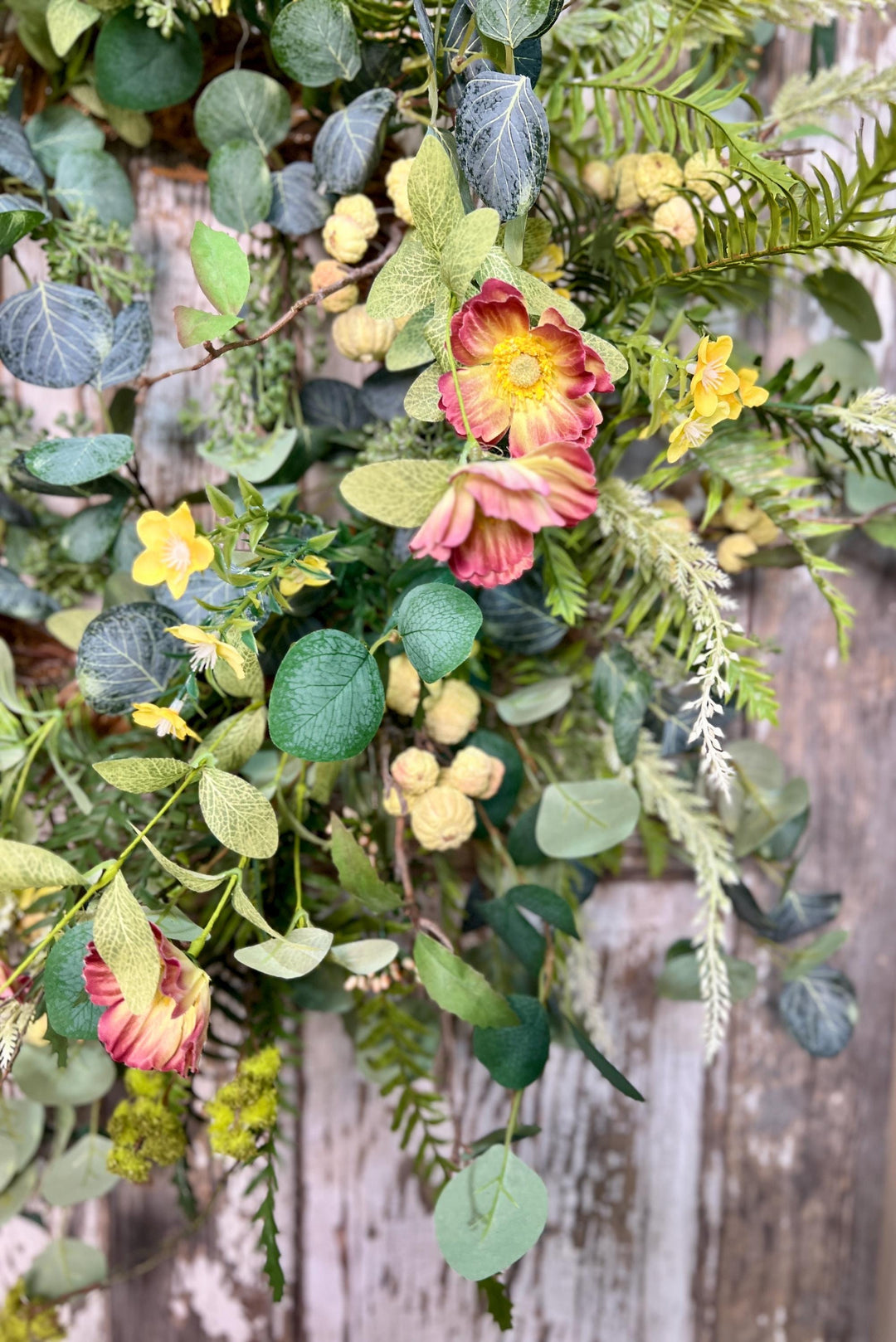 Spring Poppy, Fern, Berry and Eucalyptus Wreath - Twig Metal Base