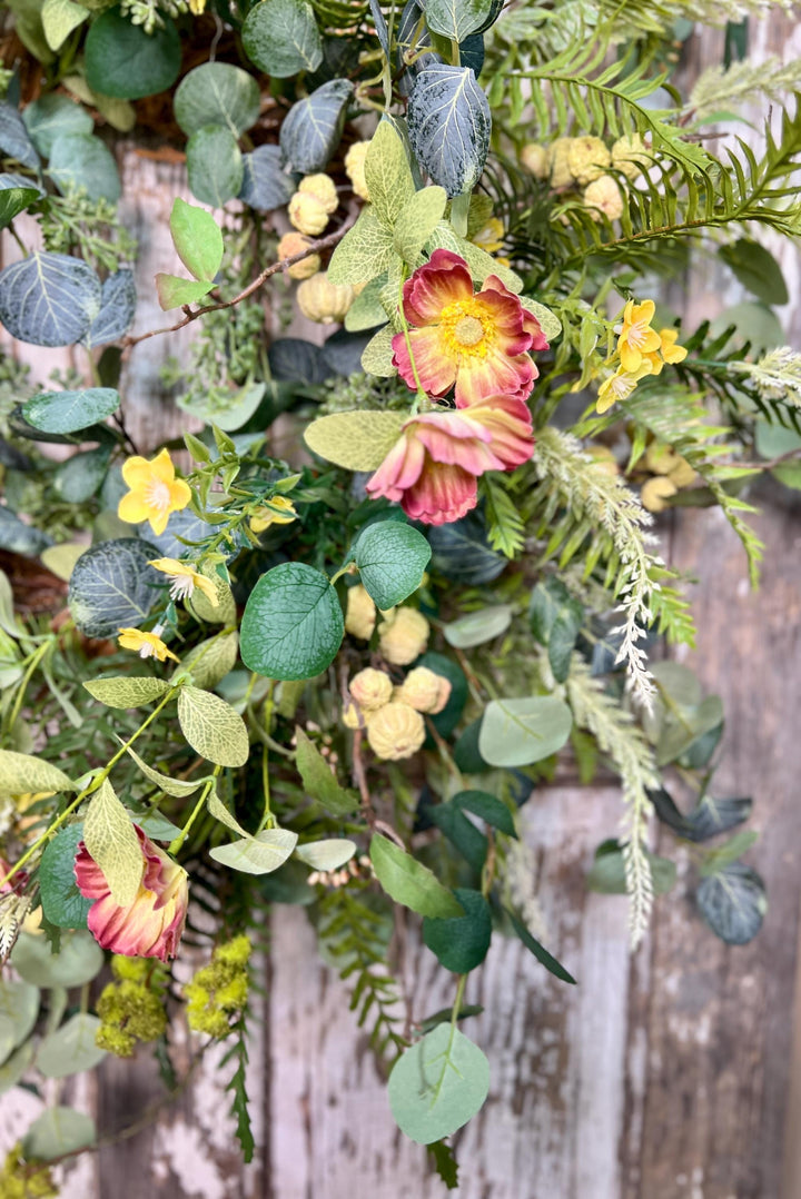 Spring Poppy, Fern, Berry and Eucalyptus Wreath - Twig Metal Base