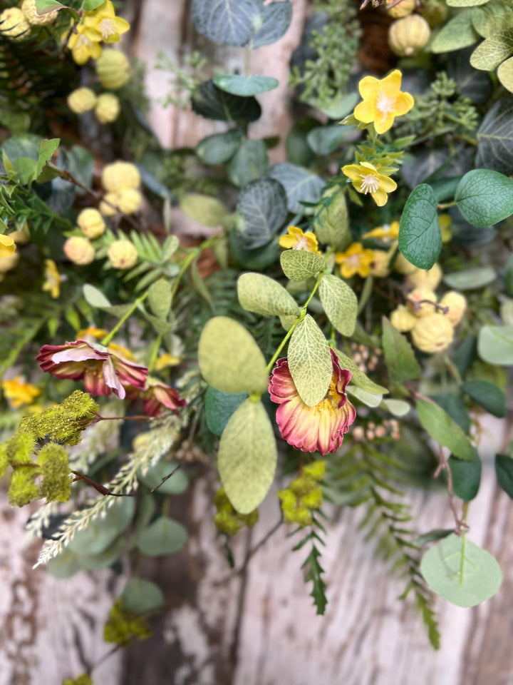 Spring Poppy, Fern, Berry and Eucalyptus Wreath - Twig Metal Base