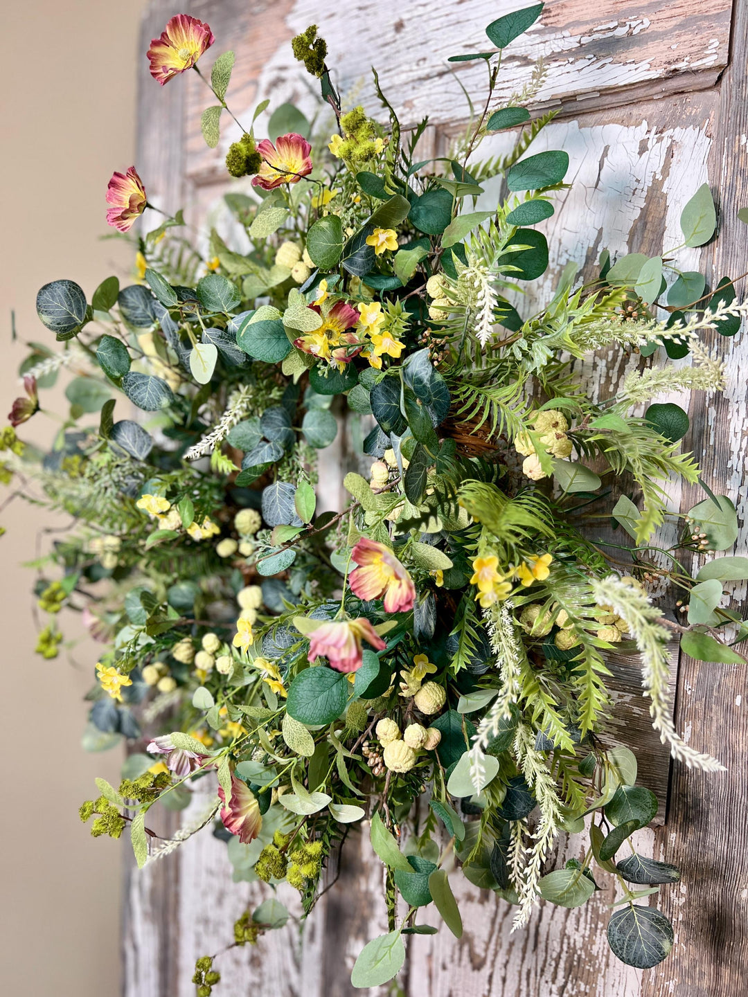Spring Poppy, Fern, Berry and Eucalyptus Wreath - Twig Metal Base