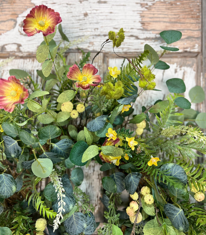 Spring Poppy, Fern, Berry and Eucalyptus Wreath - Twig Metal Base