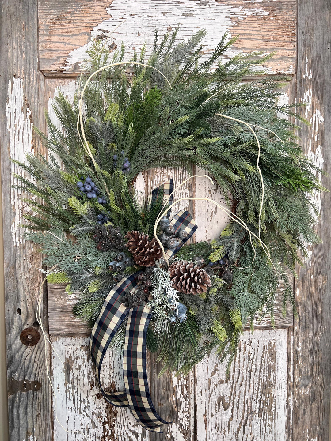 Winter Pine and Pine Cone Grapevine Wreath - Winter Blueberries and plaid ribbon