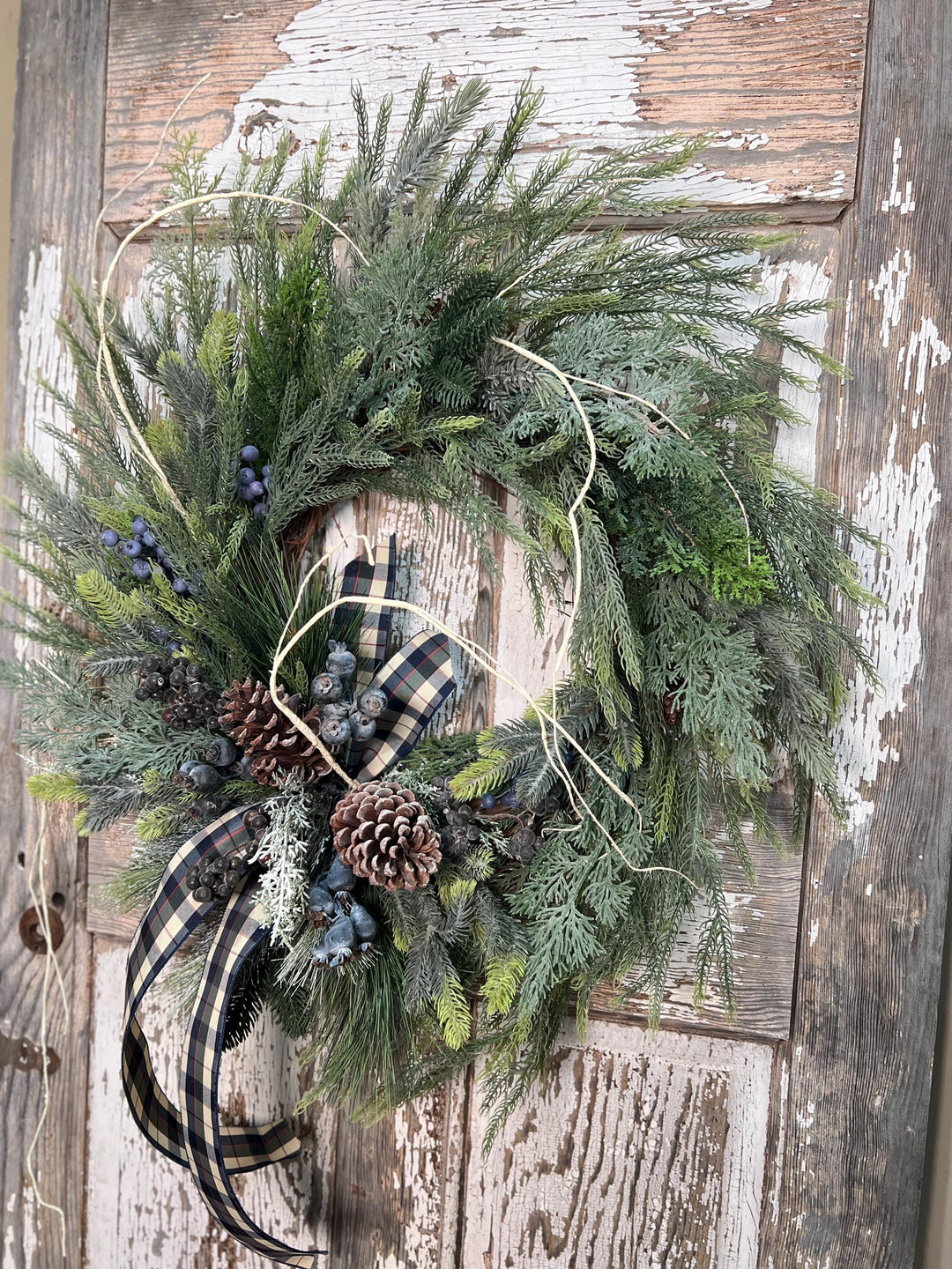 Winter Pine and Pine Cone Grapevine Wreath - Winter Blueberries and plaid ribbon