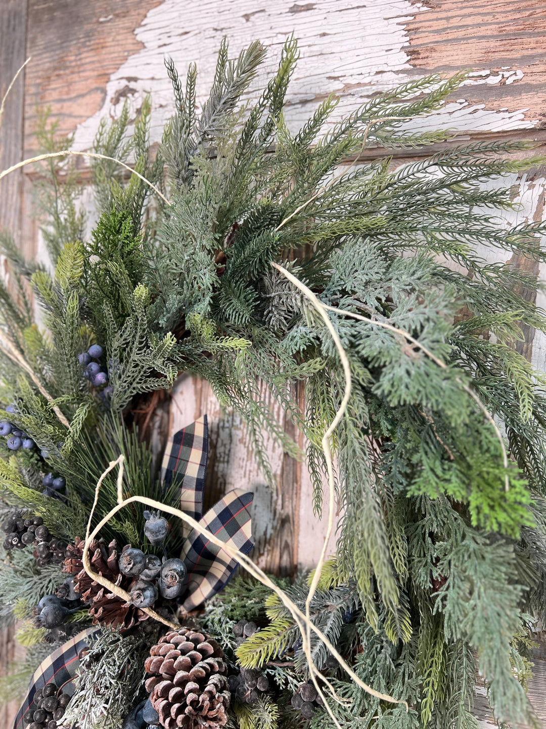 Winter Pine and Pine Cone Grapevine Wreath - Winter Blueberries and plaid ribbon