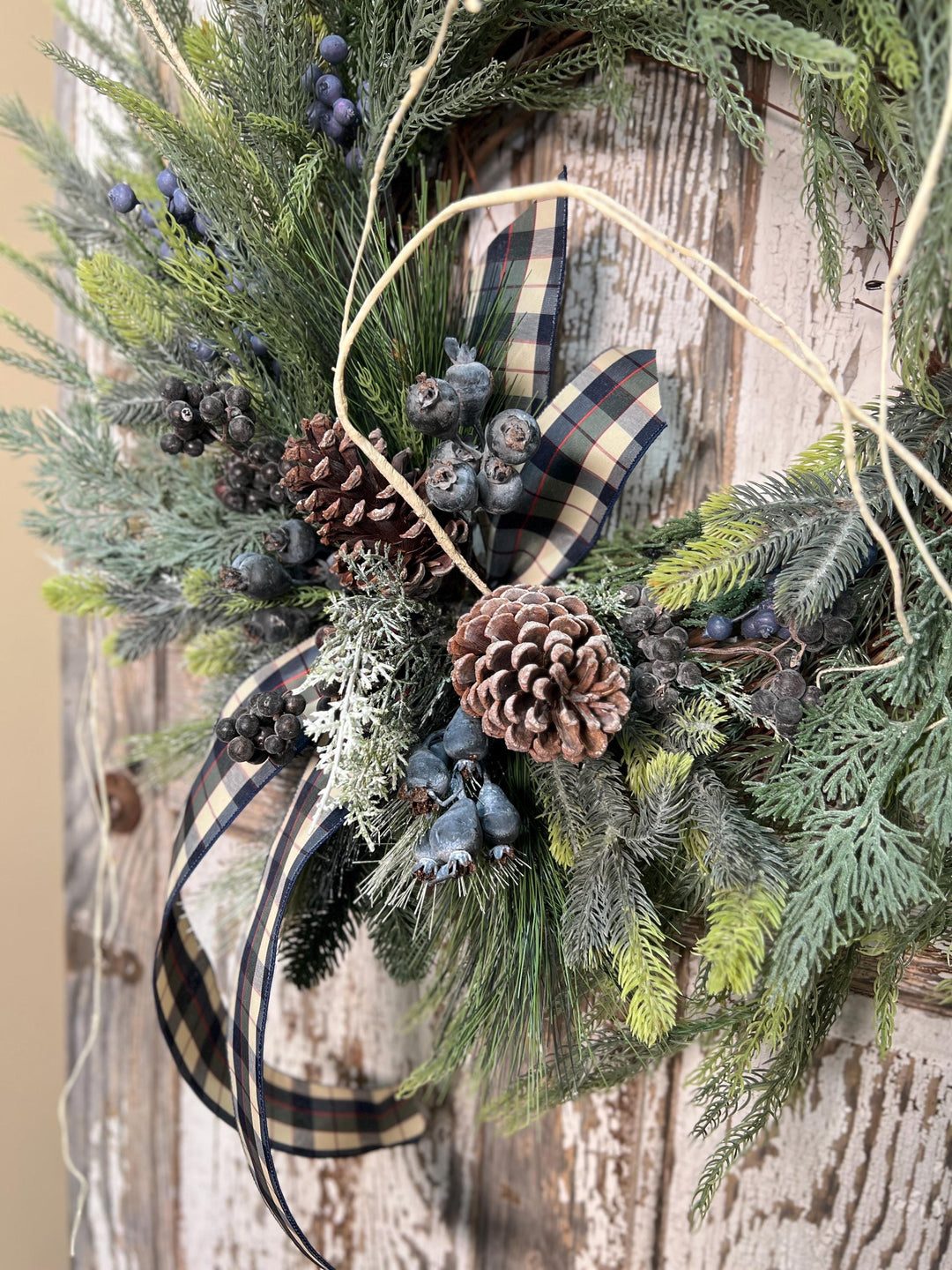 Winter Pine and Pine Cone Grapevine Wreath - Winter Blueberries and plaid ribbon