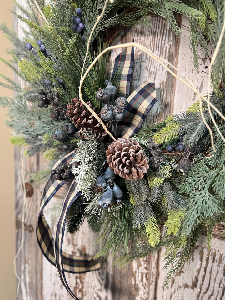 Winter Pine and Pine Cone Grapevine Wreath - Winter Blueberries and plaid ribbon