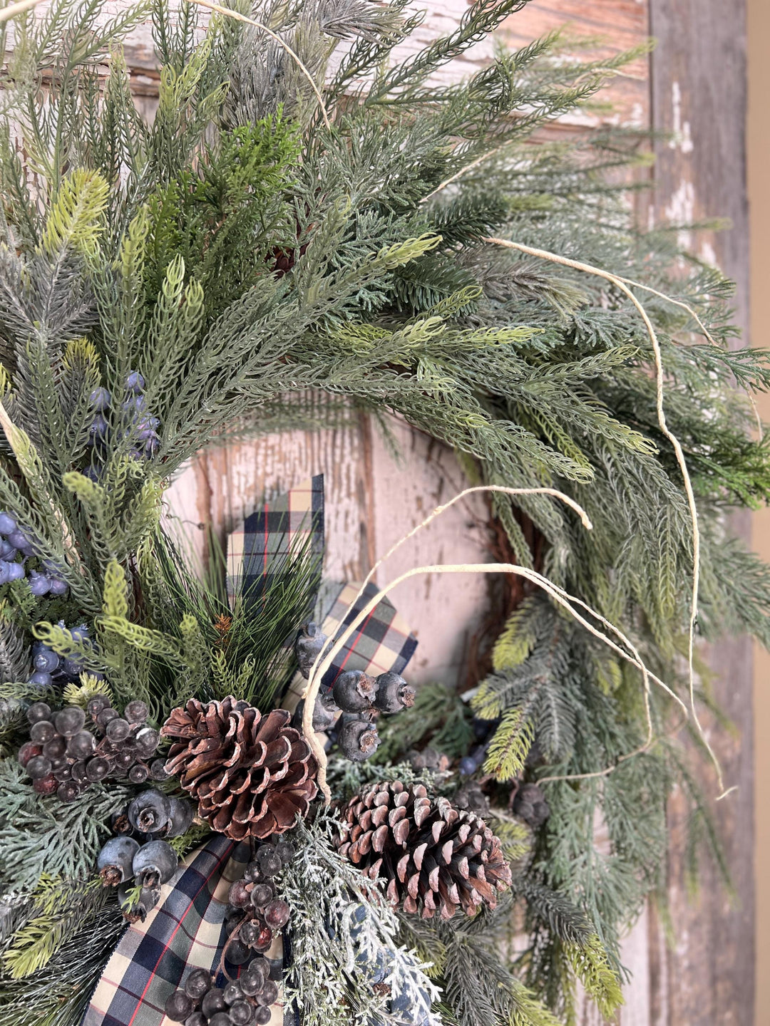 Winter Pine and Pine Cone Grapevine Wreath - Winter Blueberries and plaid ribbon