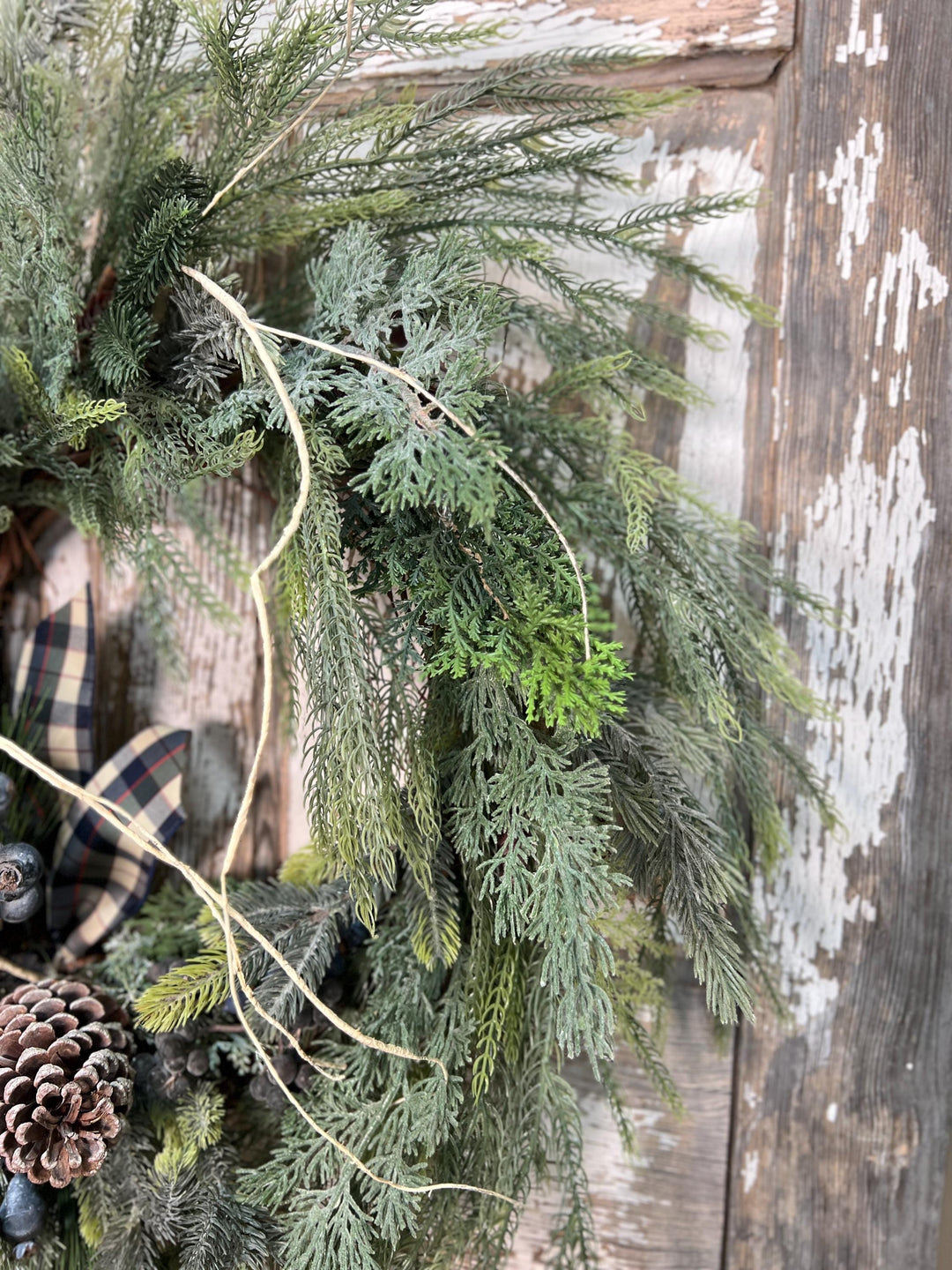 Winter Pine and Pine Cone Grapevine Wreath - Winter Blueberries and plaid ribbon