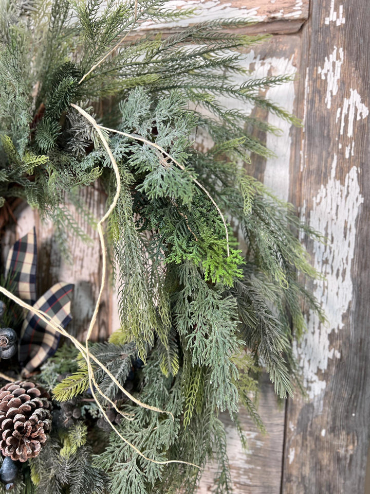 Winter Pine and Pine Cone Grapevine Wreath - Winter Blueberries and plaid ribbon