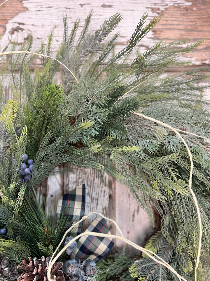 Winter Pine and Pine Cone Grapevine Wreath - Winter Blueberries and plaid ribbon