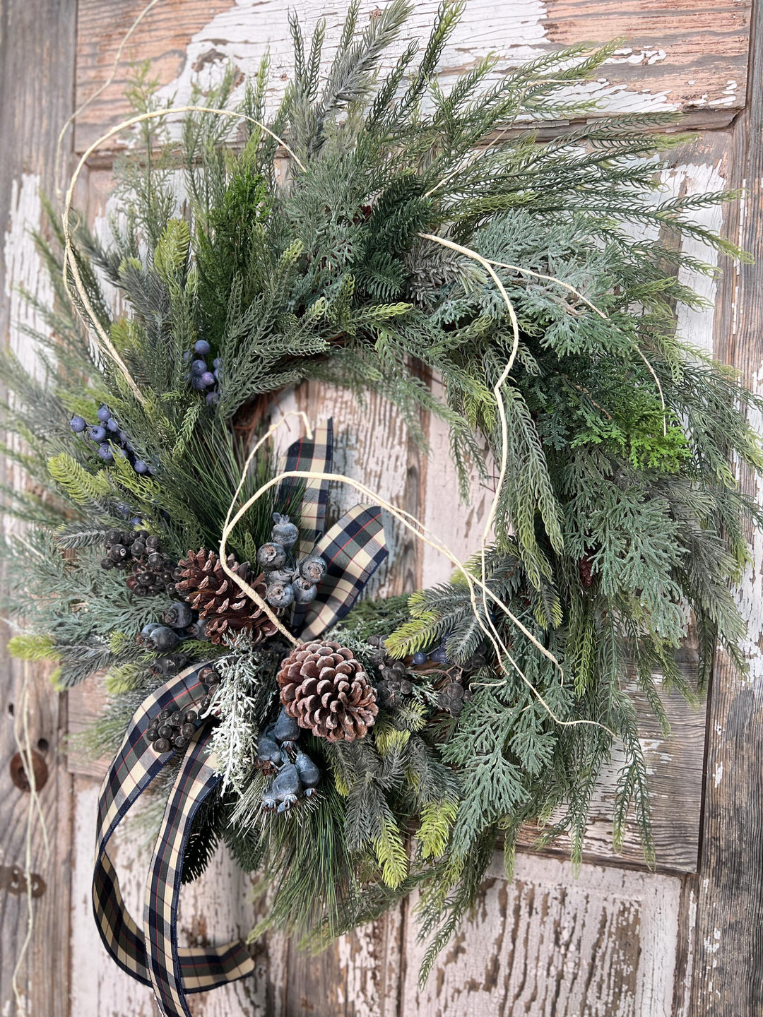 Winter Pine and Pine Cone Grapevine Wreath - Winter Blueberries and plaid ribbon