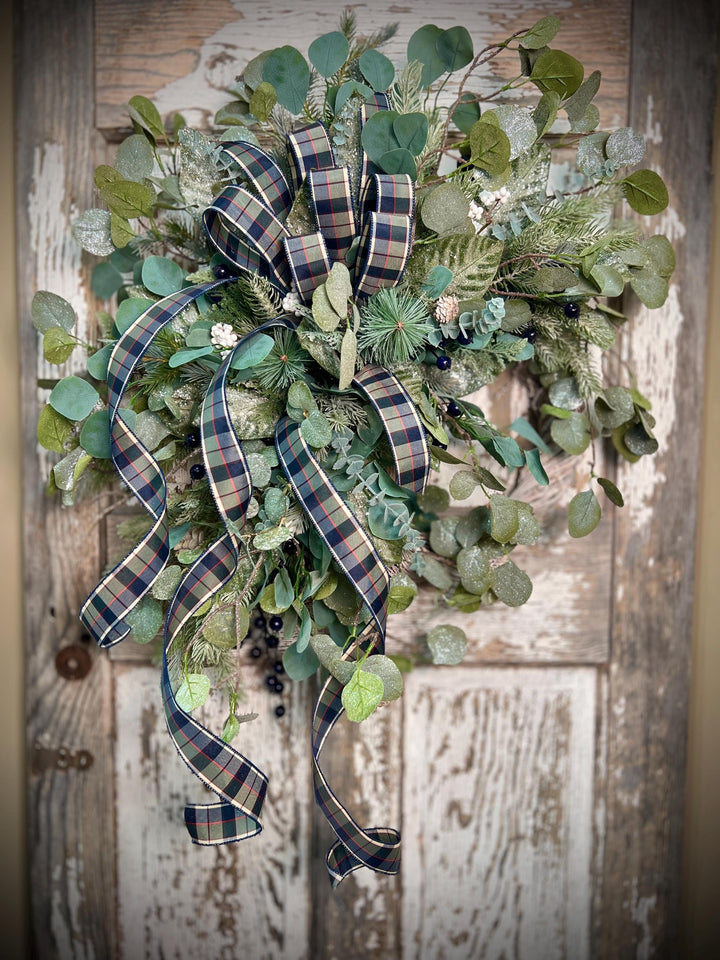 Winter Greens White Washed Metal Twig Wreath - Frosted Eucalyptus with Plaid bow
