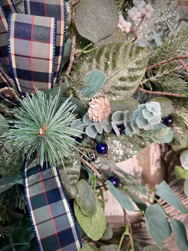 Winter Greens White Washed Metal Twig Wreath - Frosted Eucalyptus with Plaid bow