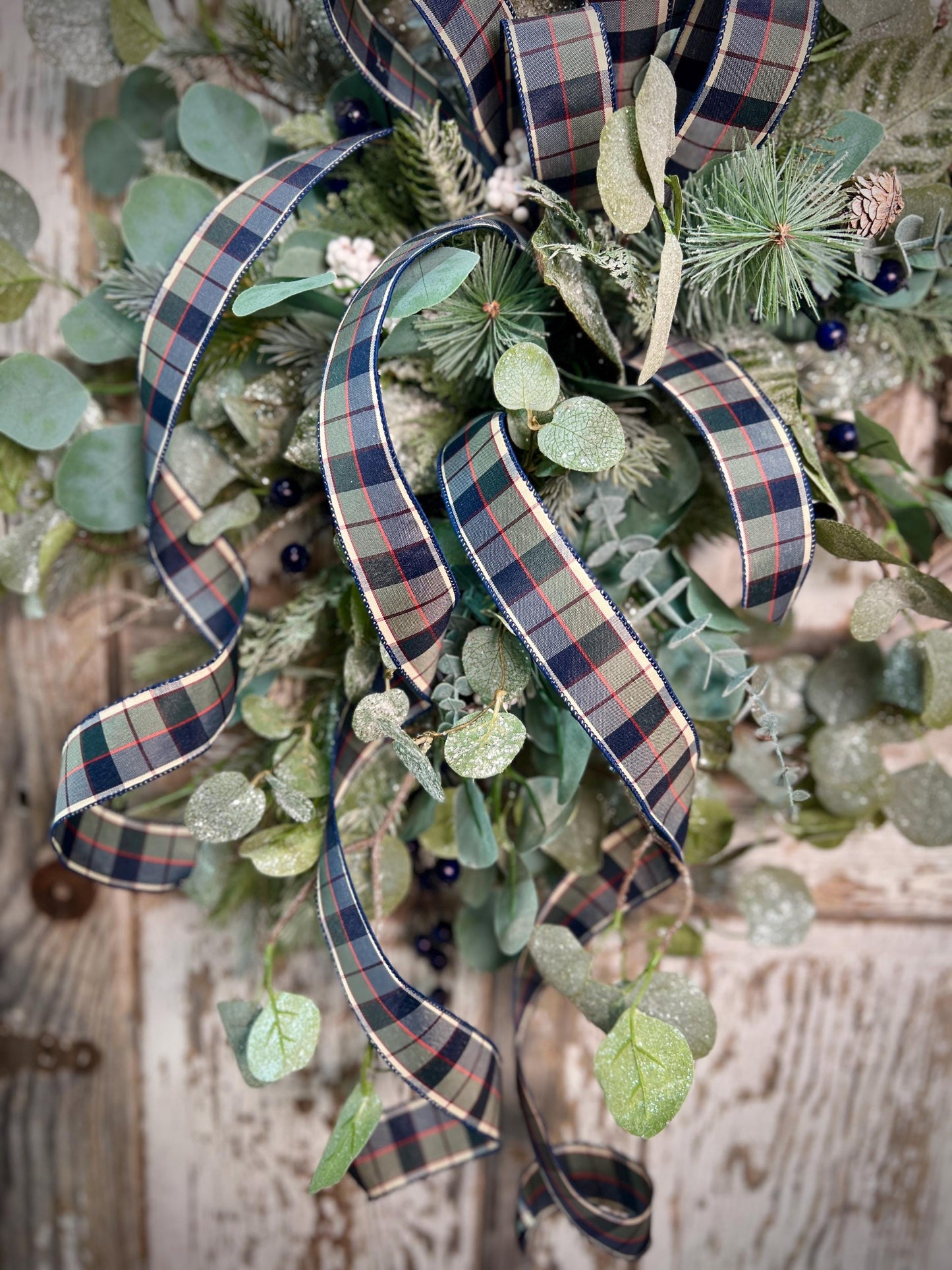 Winter Greens White Washed Metal Twig Wreath - Frosted Eucalyptus with Plaid bow