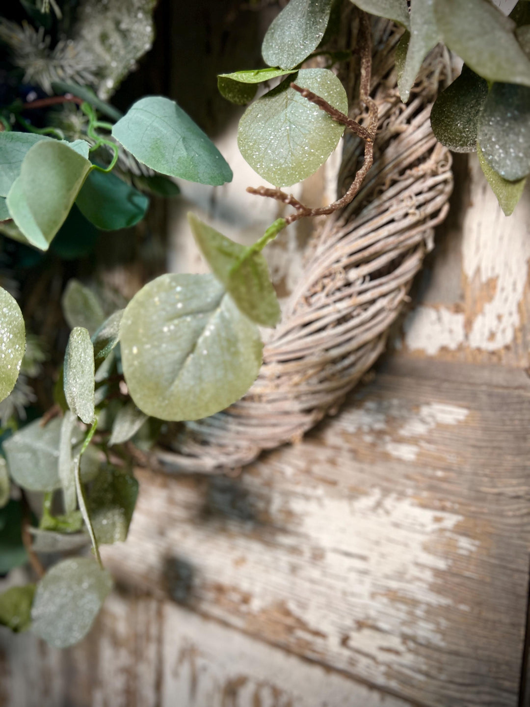 Winter Greens White Washed Metal Twig Wreath - Frosted Eucalyptus with Plaid bow