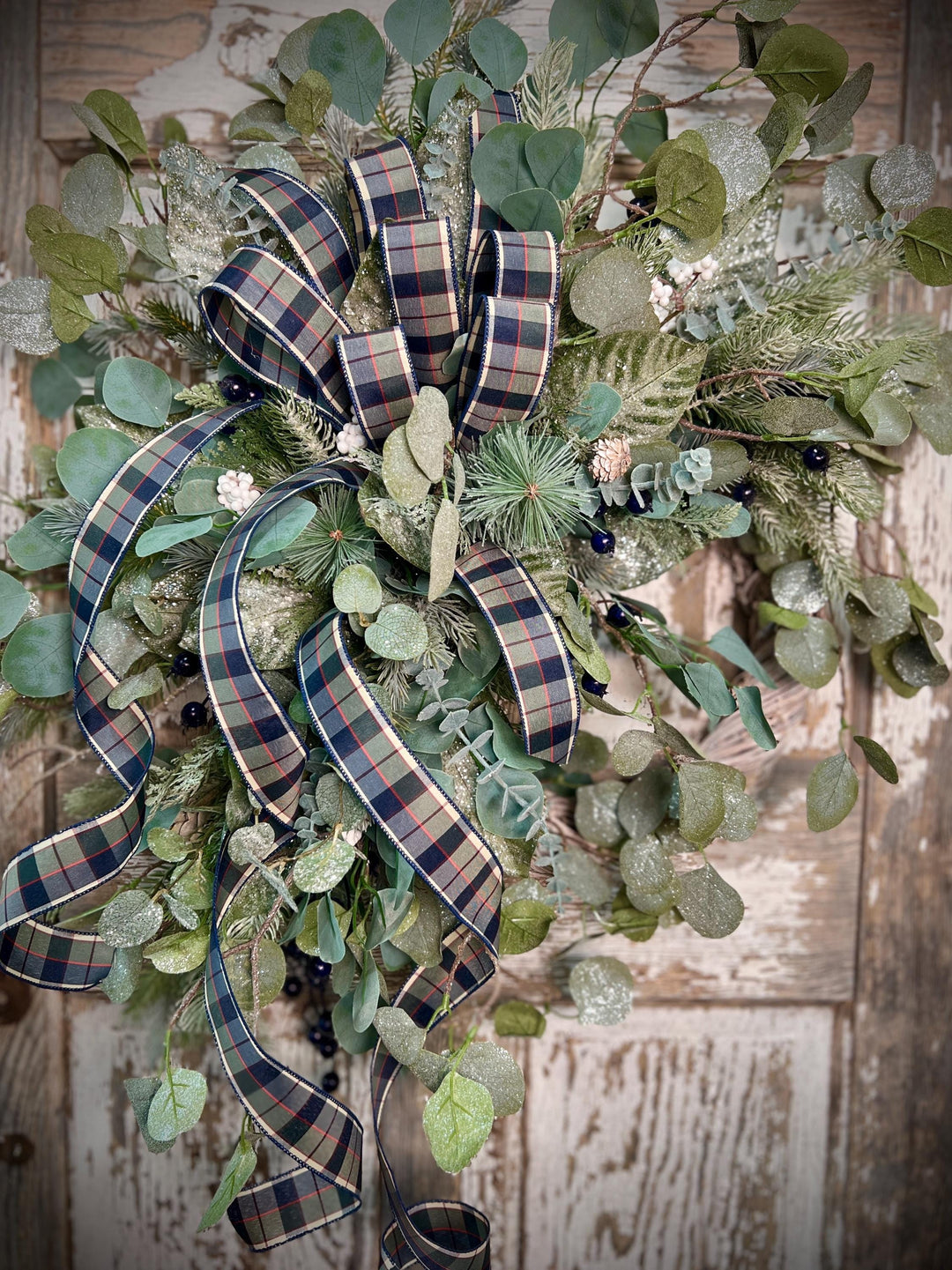 Winter Greens White Washed Metal Twig Wreath - Frosted Eucalyptus with Plaid bow