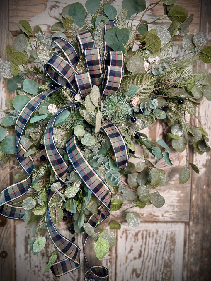Winter Greens White Washed Metal Twig Wreath - Frosted Eucalyptus with Plaid bow