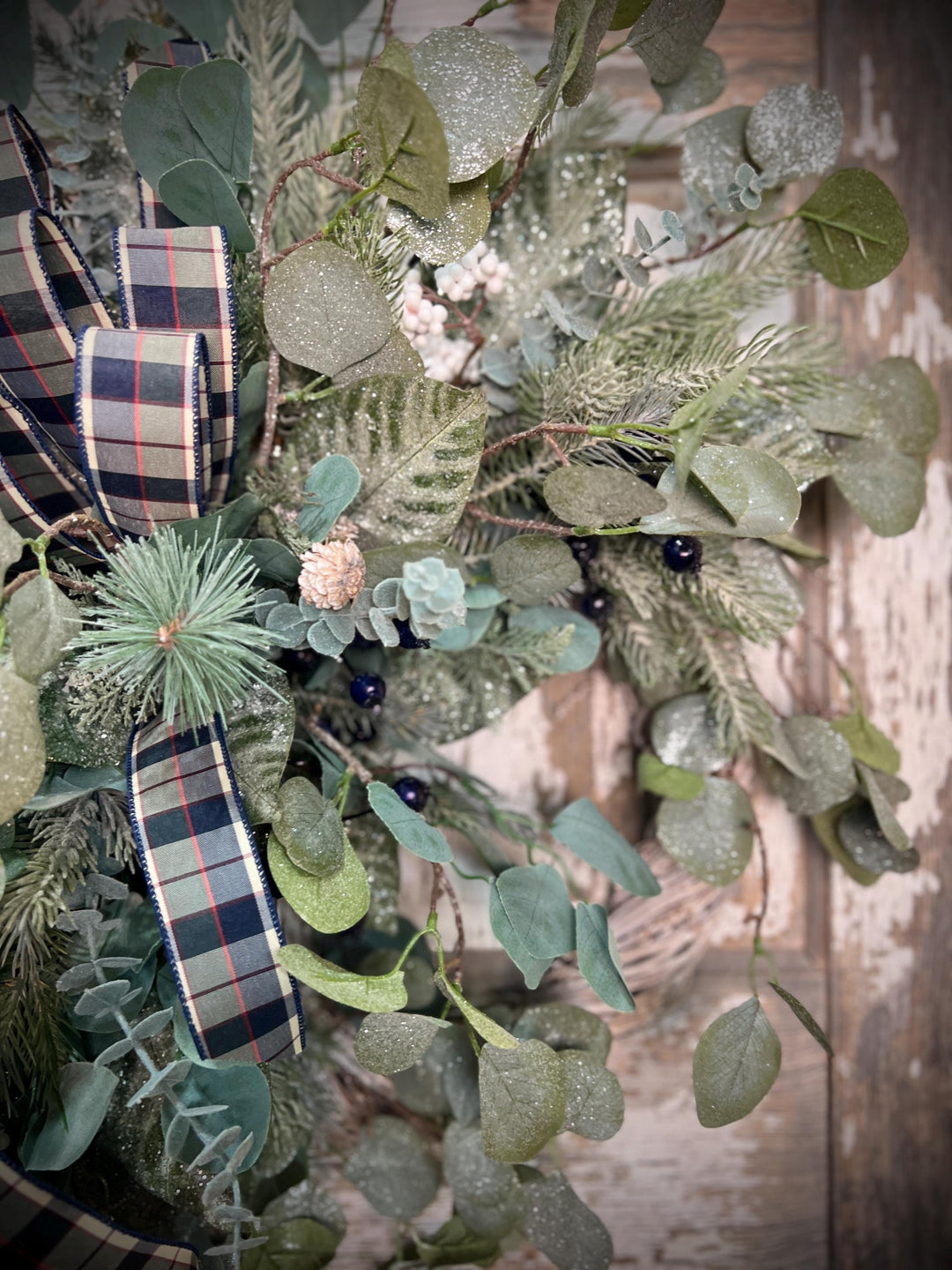 Winter Greens White Washed Metal Twig Wreath - Frosted Eucalyptus with Plaid bow