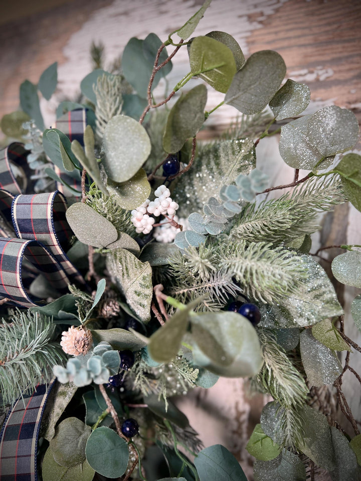 Winter Greens White Washed Metal Twig Wreath - Frosted Eucalyptus with Plaid bow