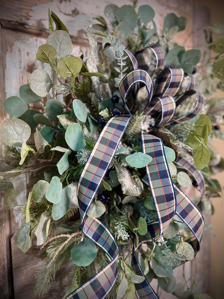 Winter Greens White Washed Metal Twig Wreath - Frosted Eucalyptus with Plaid bow