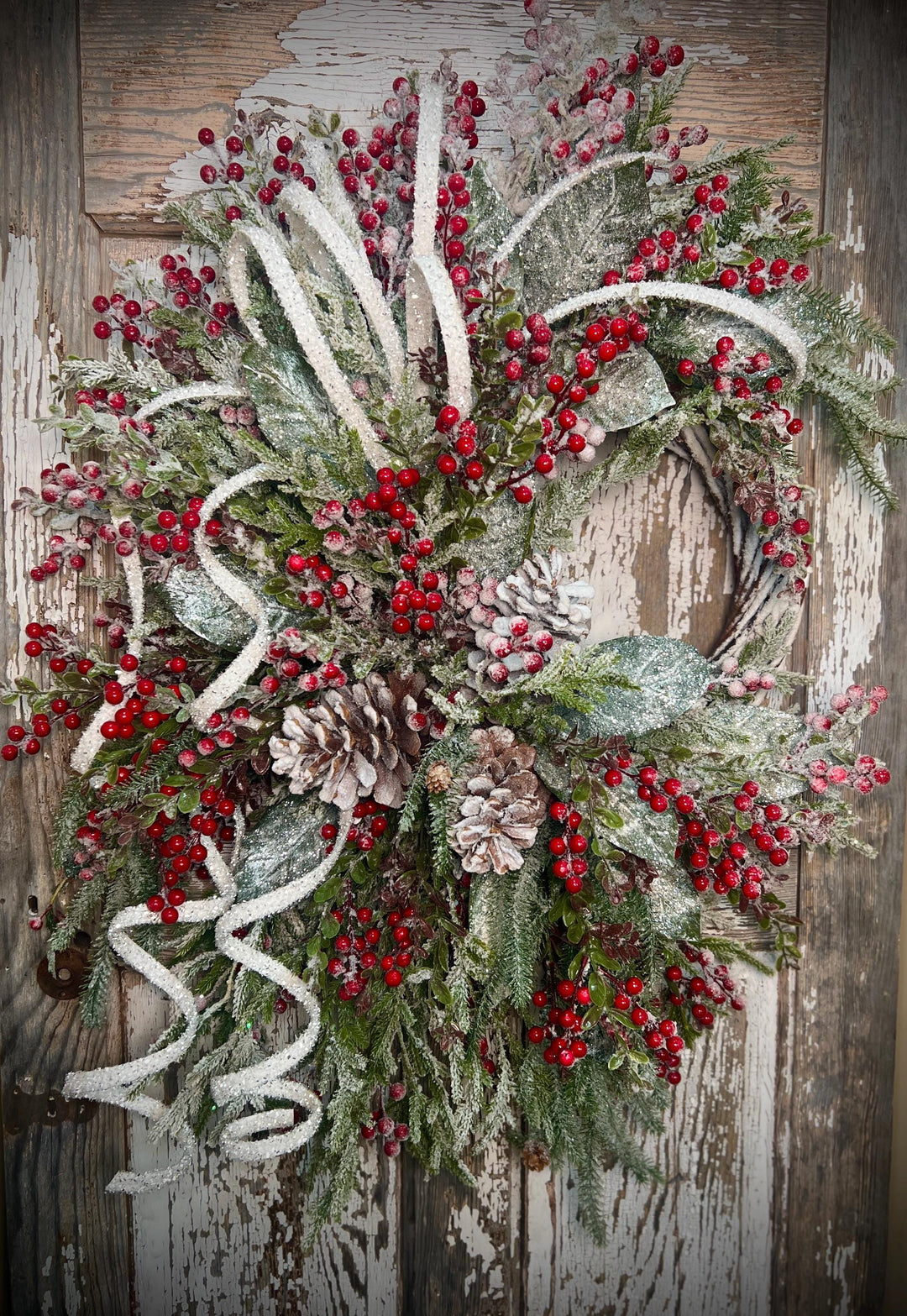 Winter Snowy Pine and Red Berry Snowy Willow Wreath - Pine Cones and Snowy White Streamers
