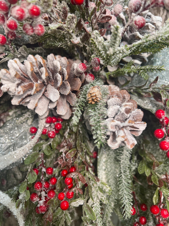 Winter Snowy Pine and Red Berry Snowy Willow Wreath - Pine Cones and Snowy White Streamers