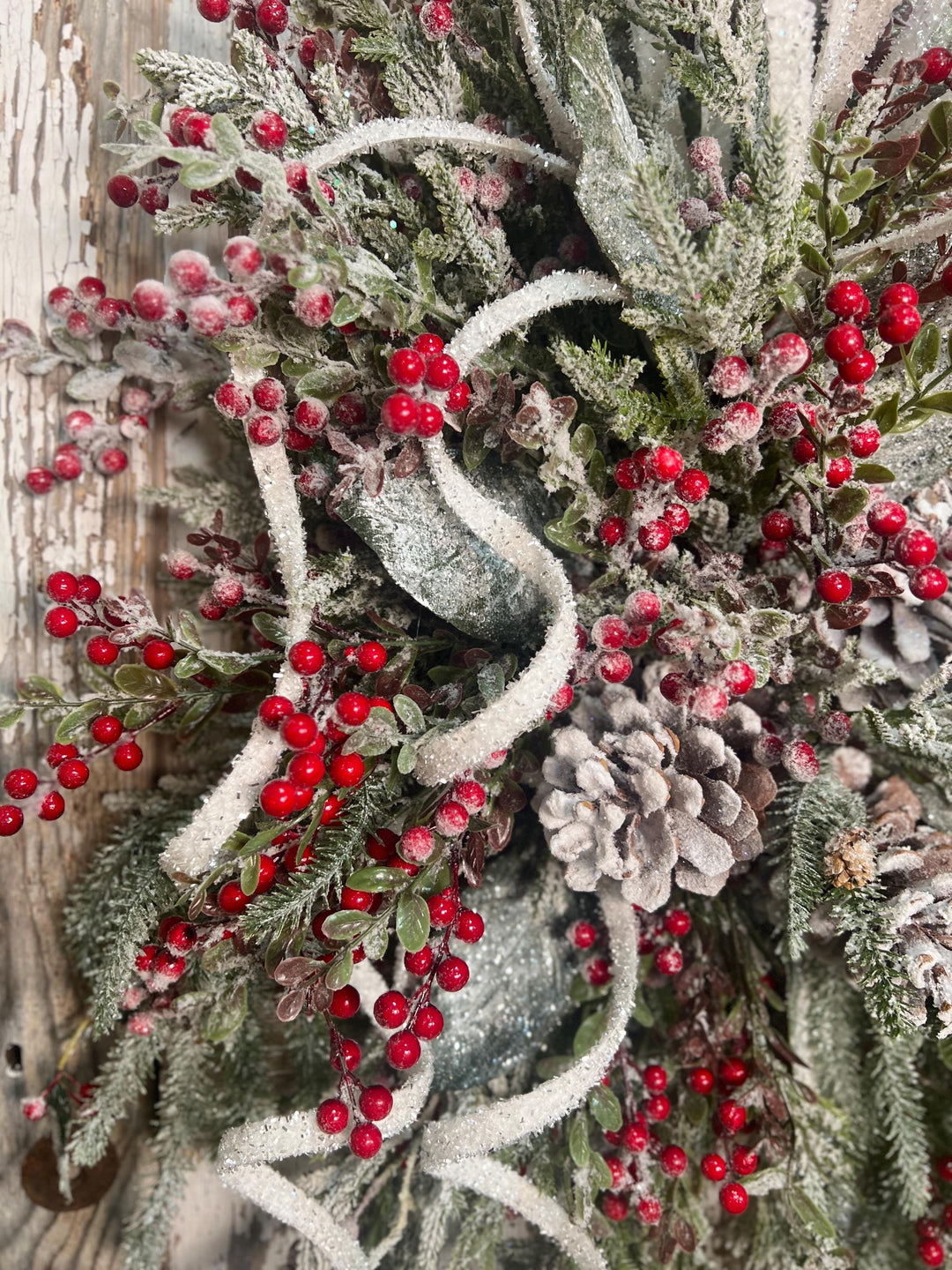 Winter Snowy Pine and Red Berry Snowy Willow Wreath - Pine Cones and Snowy White Streamers