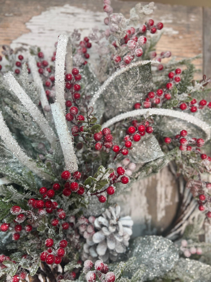 Winter Snowy Pine and Red Berry Snowy Willow Wreath - Pine Cones and Snowy White Streamers