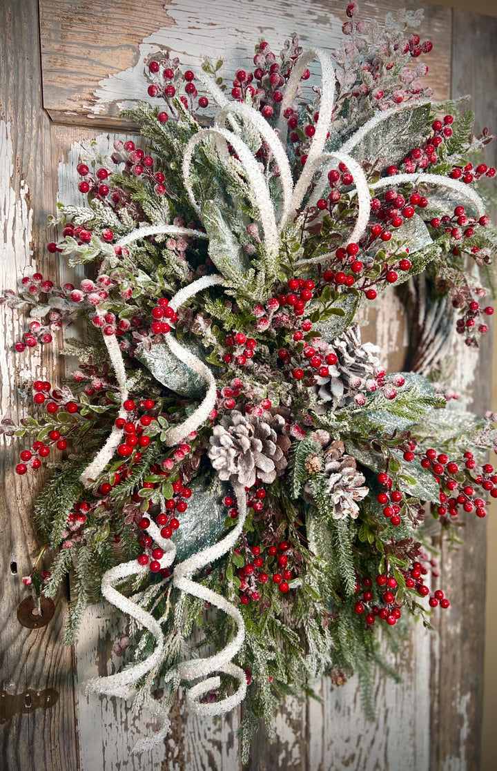 Winter Snowy Pine and Red Berry Snowy Willow Wreath - Pine Cones and Snowy White Streamers