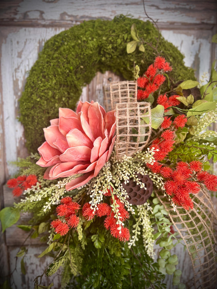 Spring Lotus Blossom Moss Wreath - Meadow Thistle with Natural Jute Netting